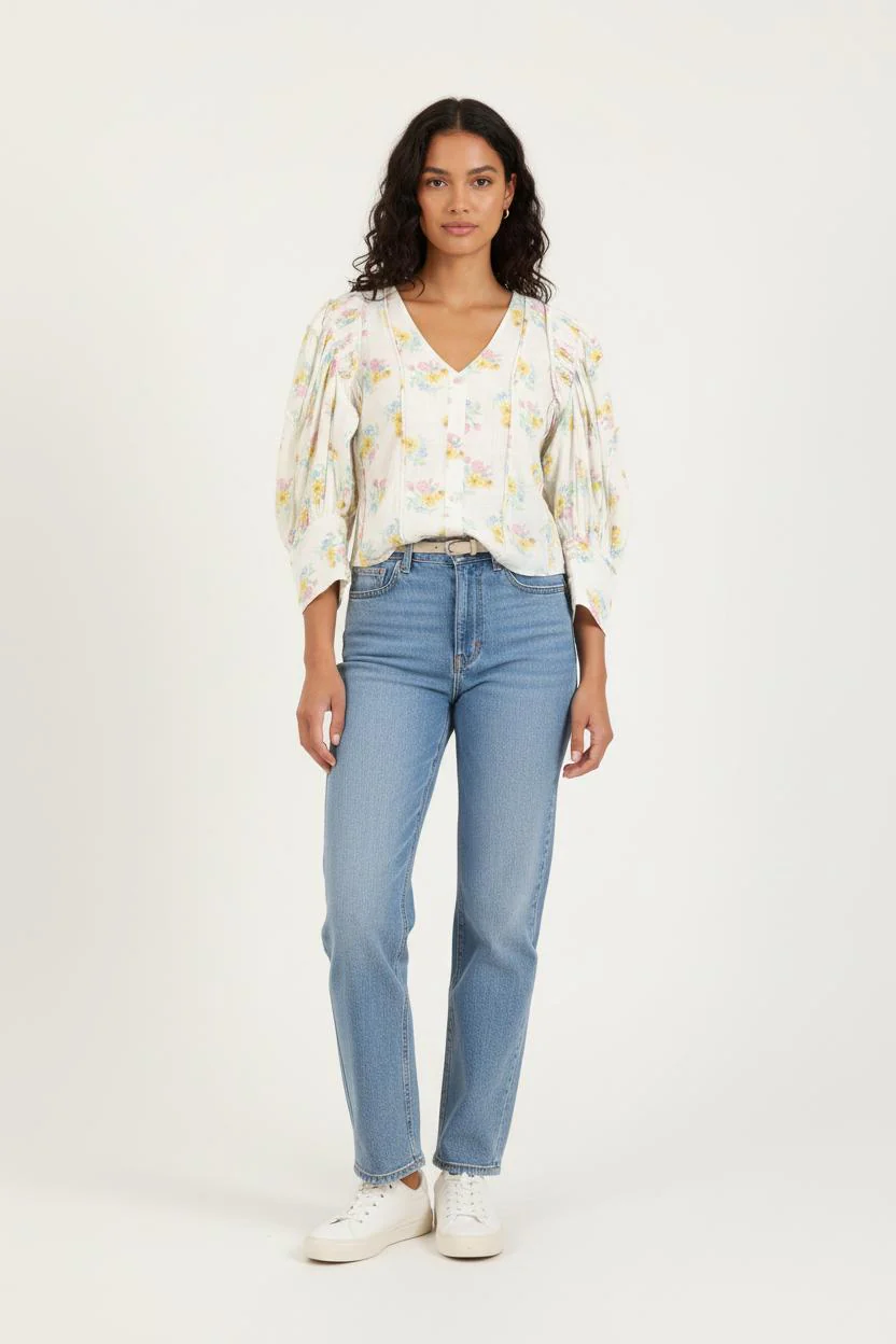 Blouse Blanche à Fleurs - Taille S/36