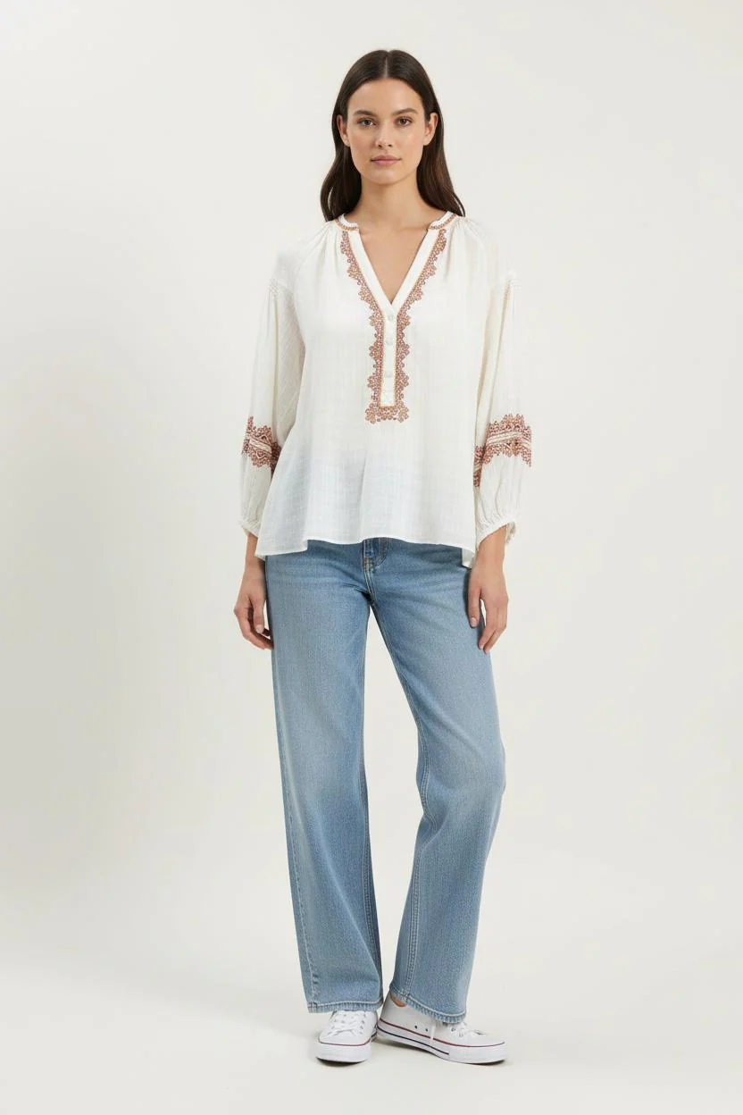 Blouse Brodée Beige et Marron - Taille S/36