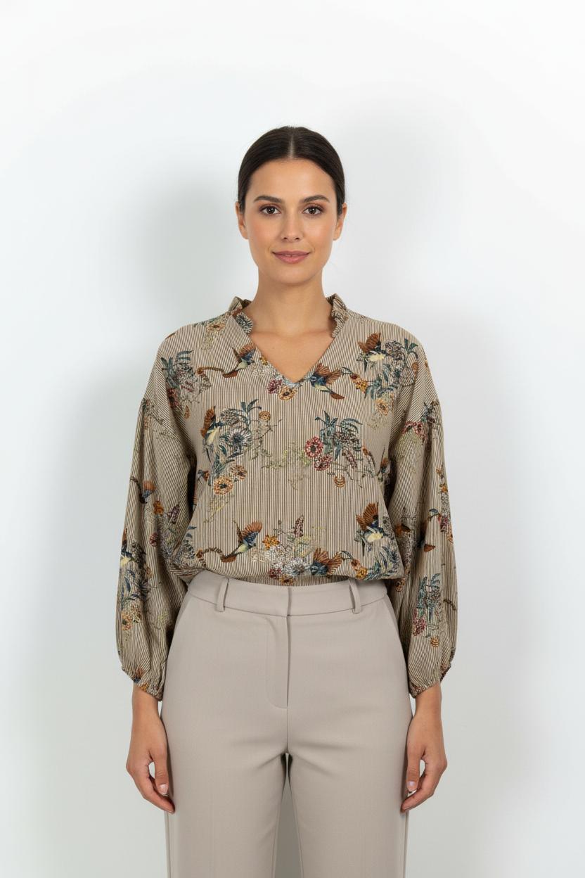 Blouse Fleurie Beige - Taille L/40