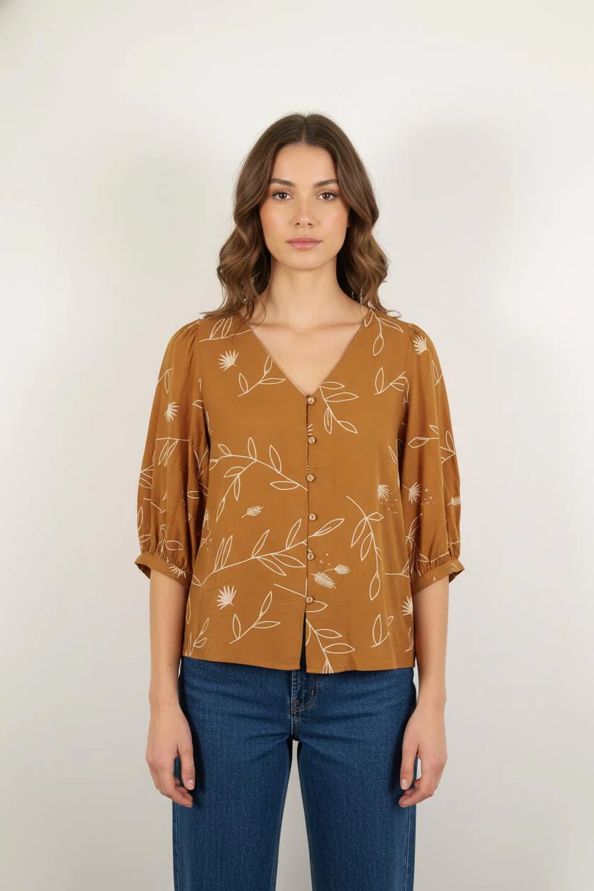 Blouse Marron et Blanche - Taille M/38