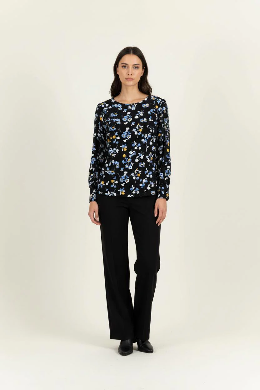 Blouse Noire à Fleurs Bleues et Blanches - Taille XL/42
