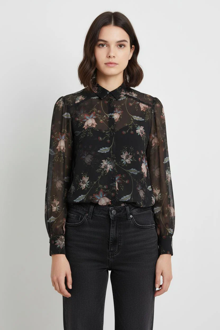Blouse Noire à Fleurs - Taille XS/34