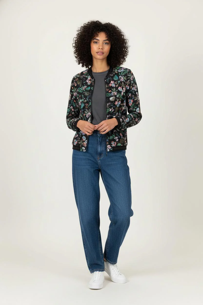 Blouson Noir à Motifs Floraux - Taille XS/34