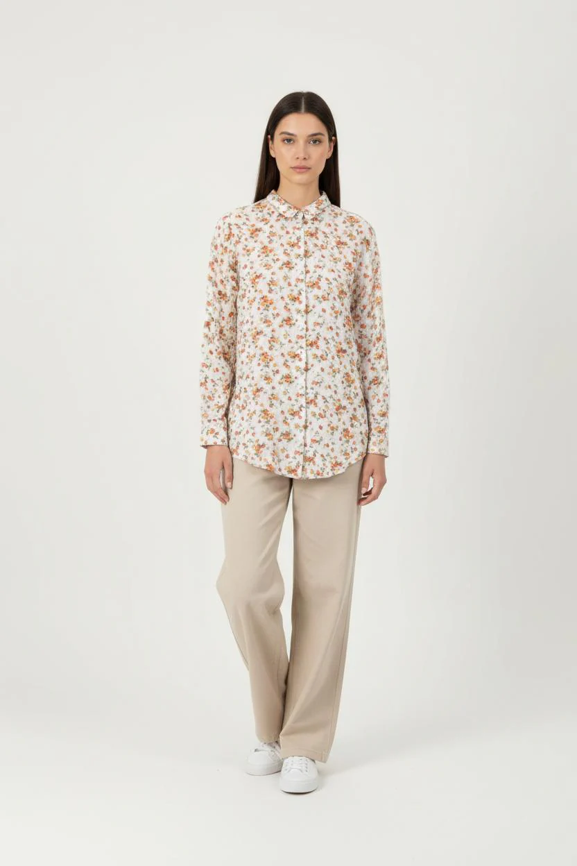 Chemise Fleurie Blanche et Orange - Taille XS/34