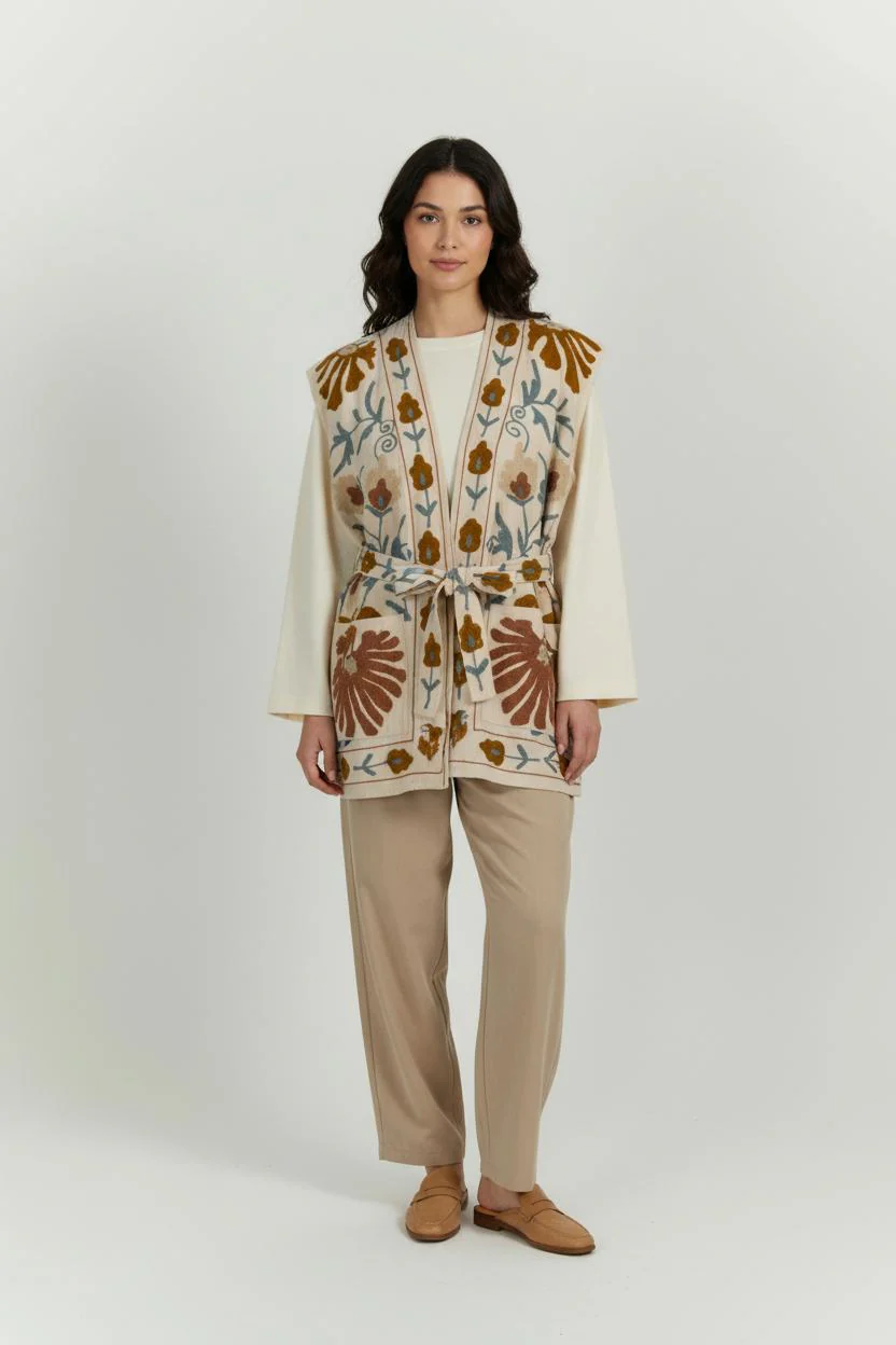 Gilet Sans Manches Beige et Marron - Taille L/40