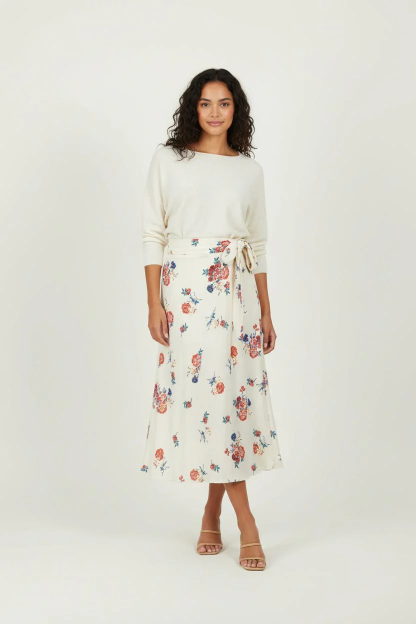Jupe Longue Écrue à Fleurs Rouges et Bleues - Taille S/36