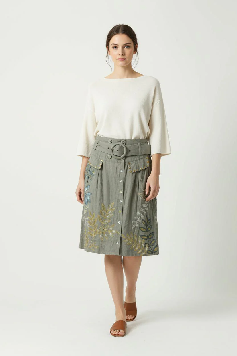 Jupe Midi Beige et Verte - Taille S/36