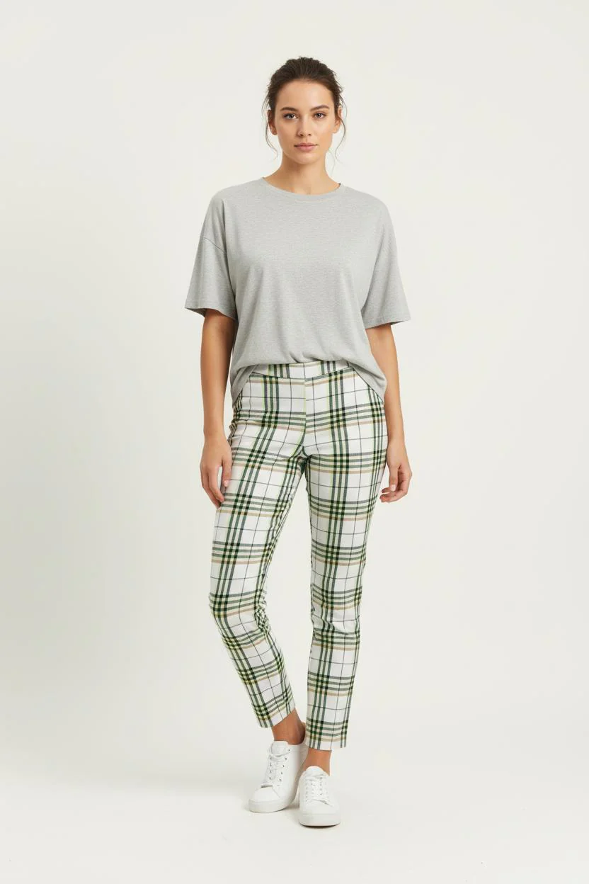 Pantalon à Carreaux Blanc et Vert - Taille M/38