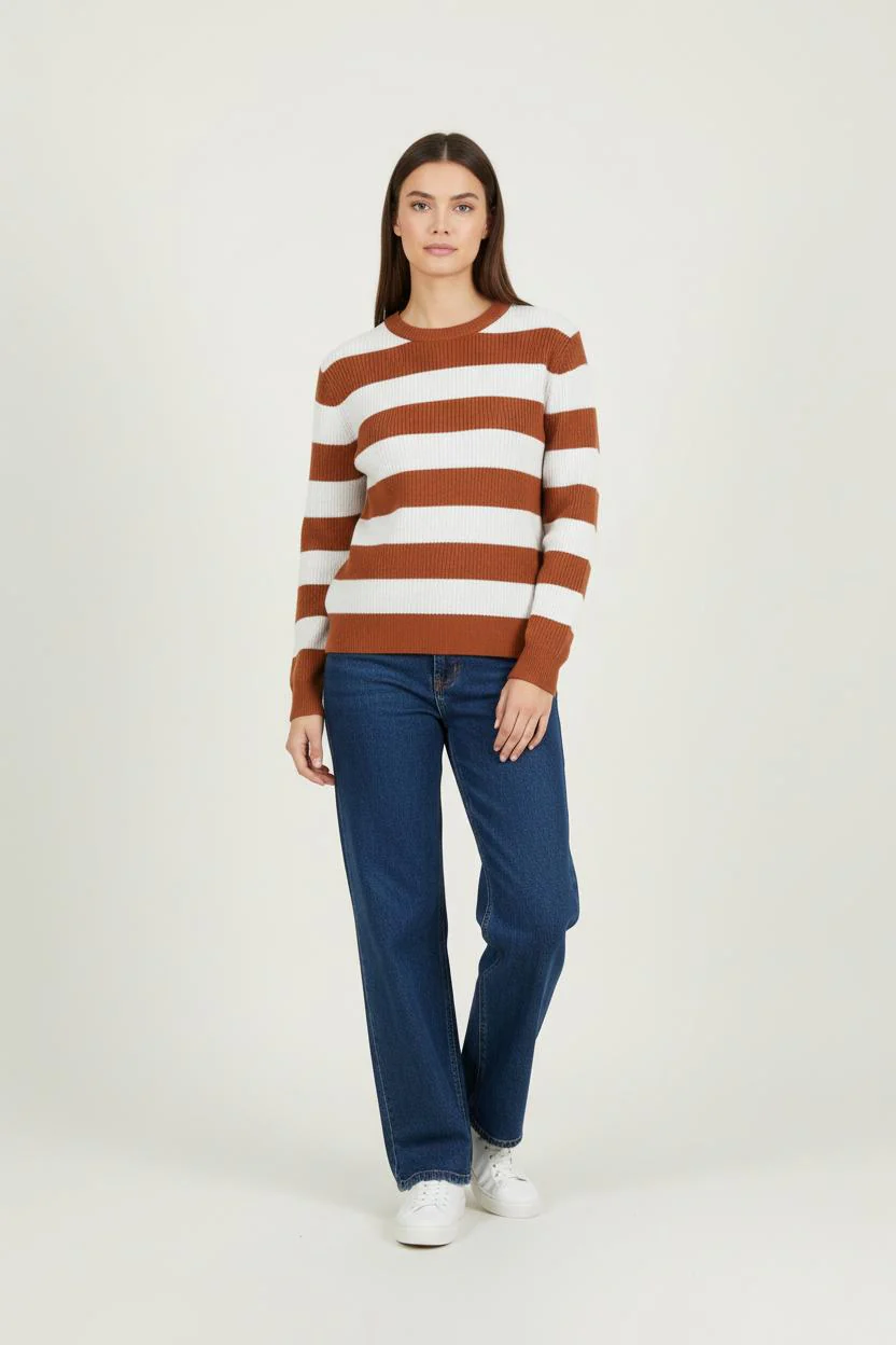 Pull Rayé Blanc et Marron - Taille S/36