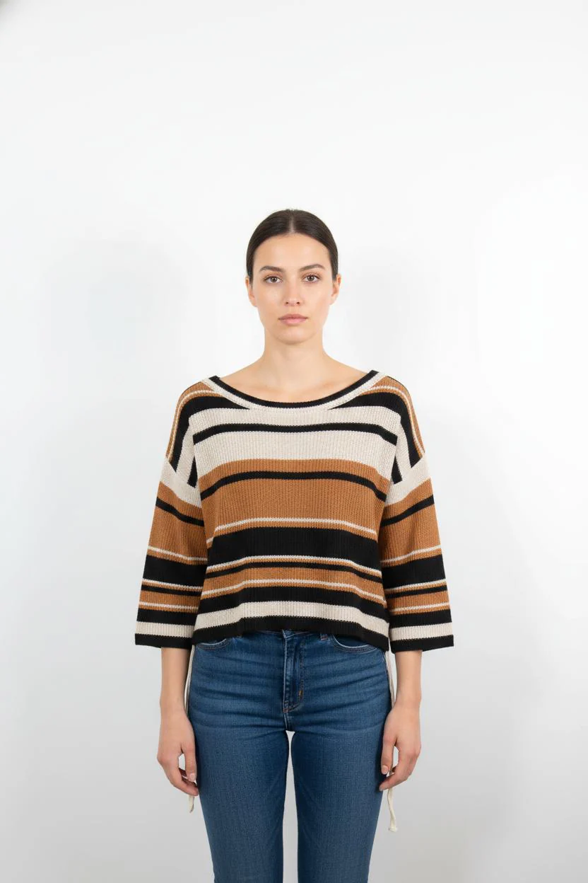 Pull Rayé Noir Blanc et Camel - Taille S/36