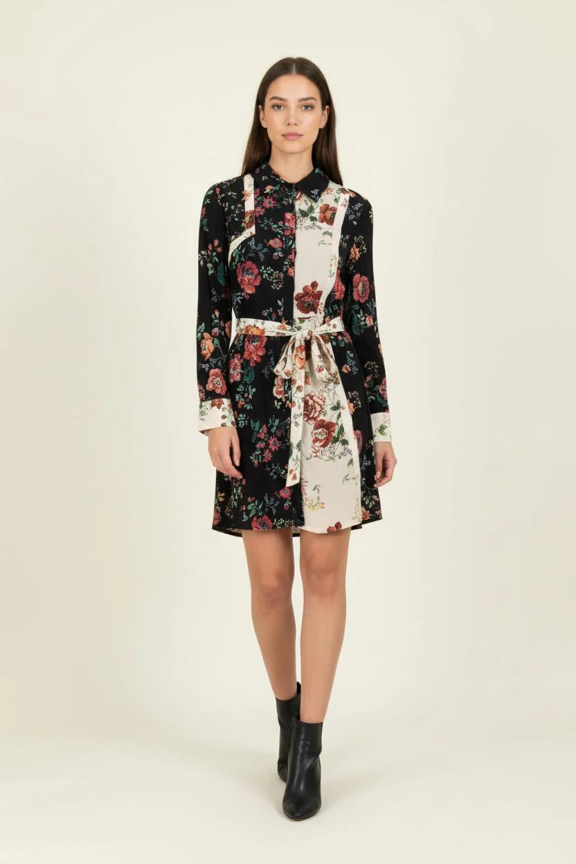 Robe Chemise Noire et Écrue Fleurie - Taille S/36