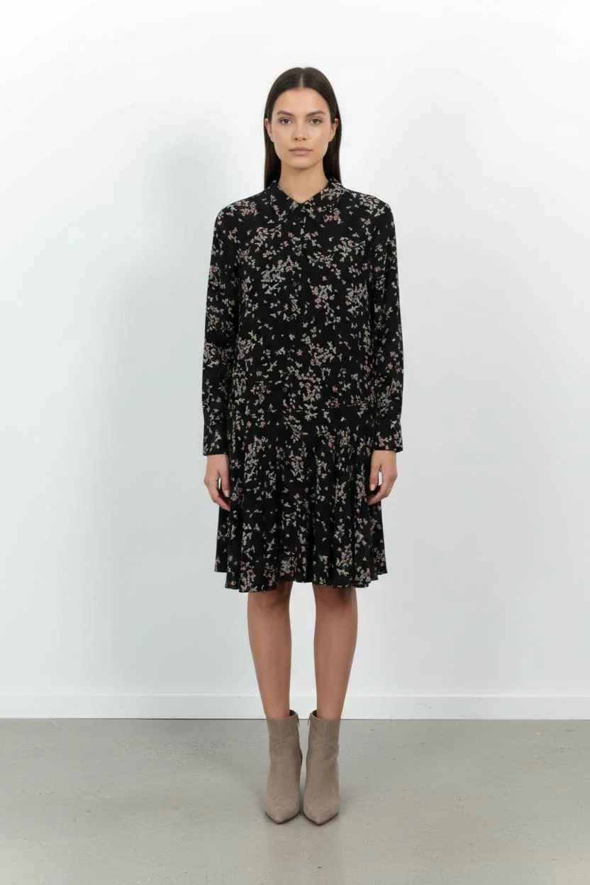 Robe Chemisier Noire et Fleurie - Taille L/40