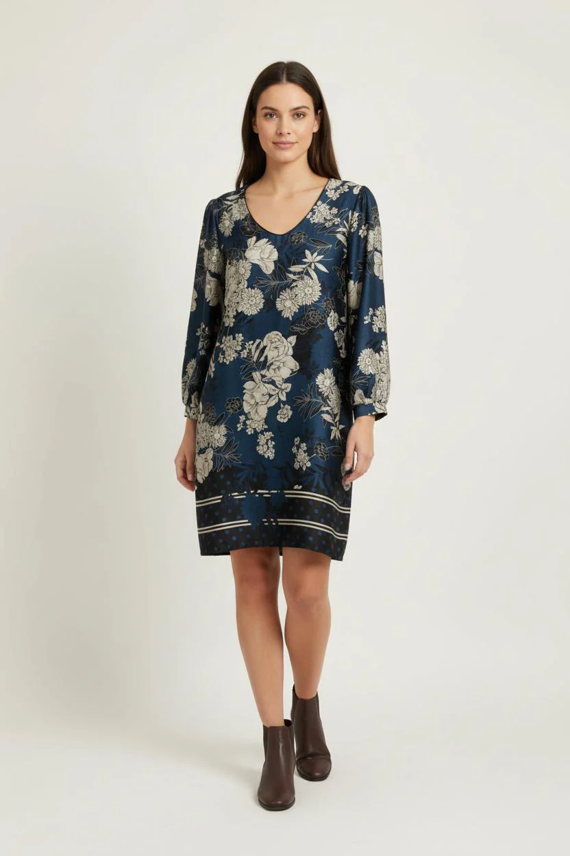 Robe Fleurie Bleue et Beige - Taille M/38