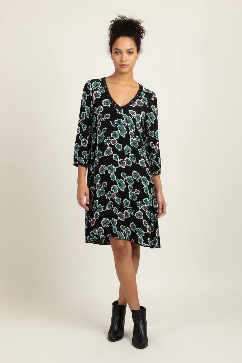 Robe Fleurie Noire et Verte - Taille L/40