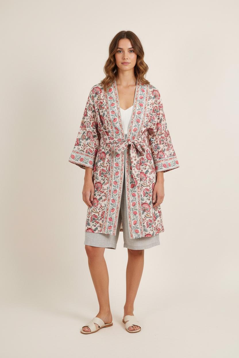 Robe Kimono Blanche et Rose - Taille XS/34