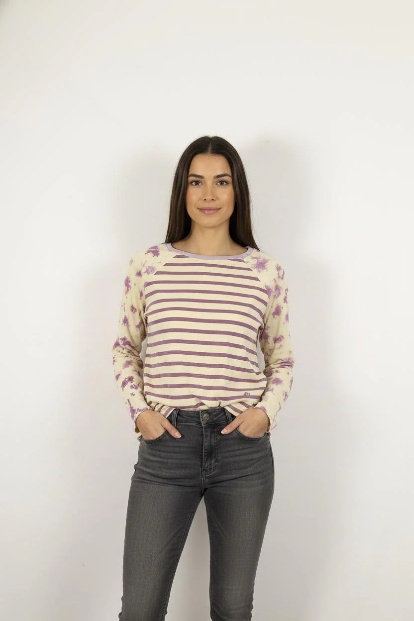 T-shirt Manches Longues Beige et Violet - Taille XS/34